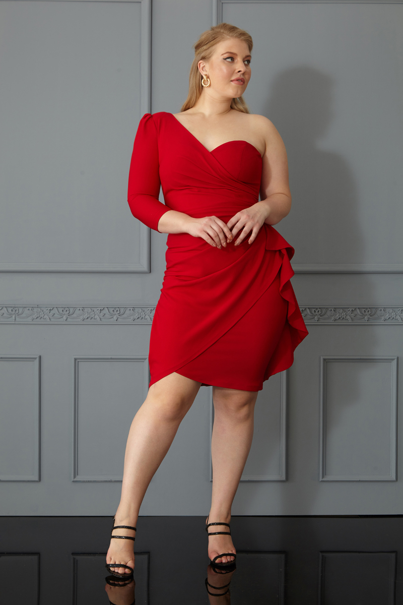 Red plus size crepe one arm mini dress