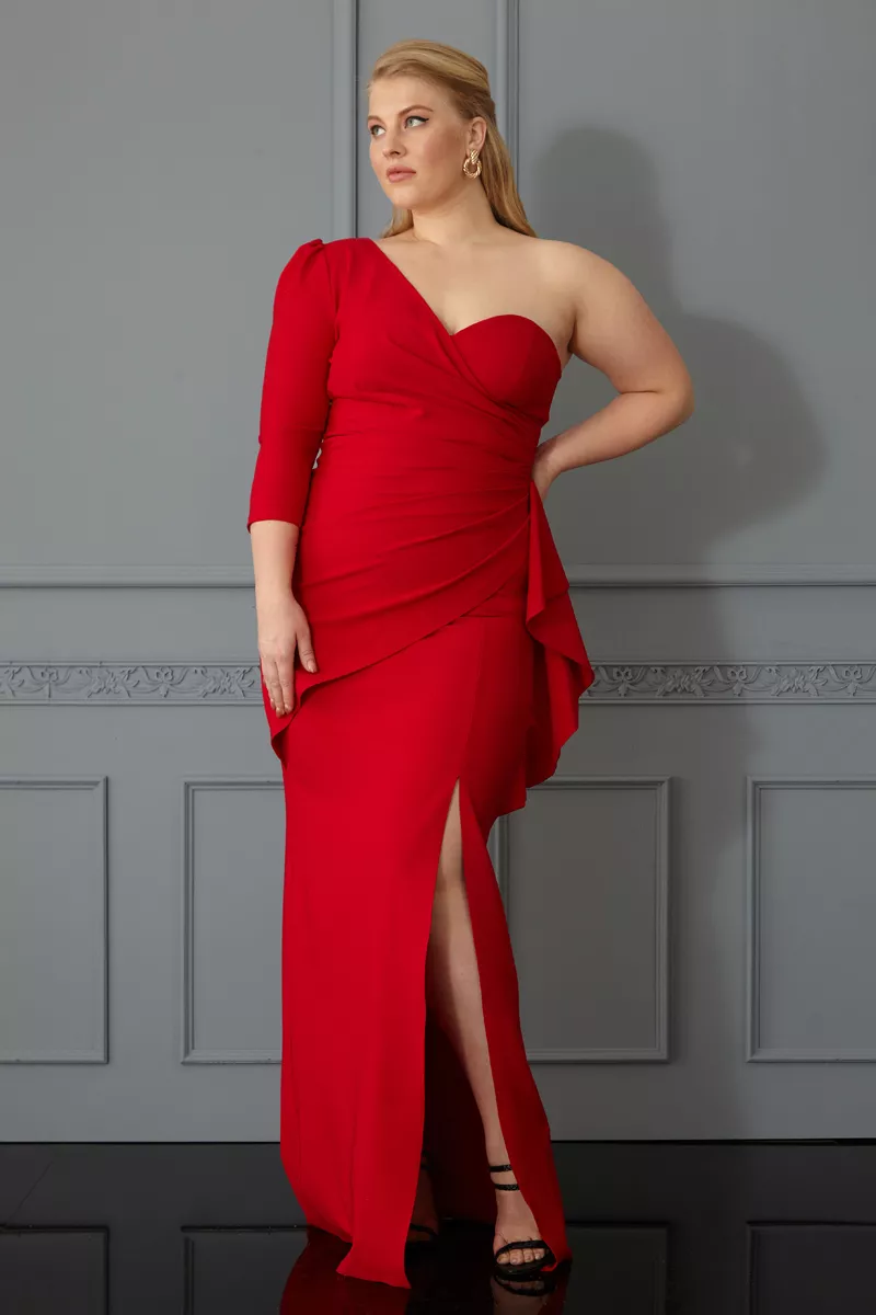Red plus size crepe one arm maxi dress