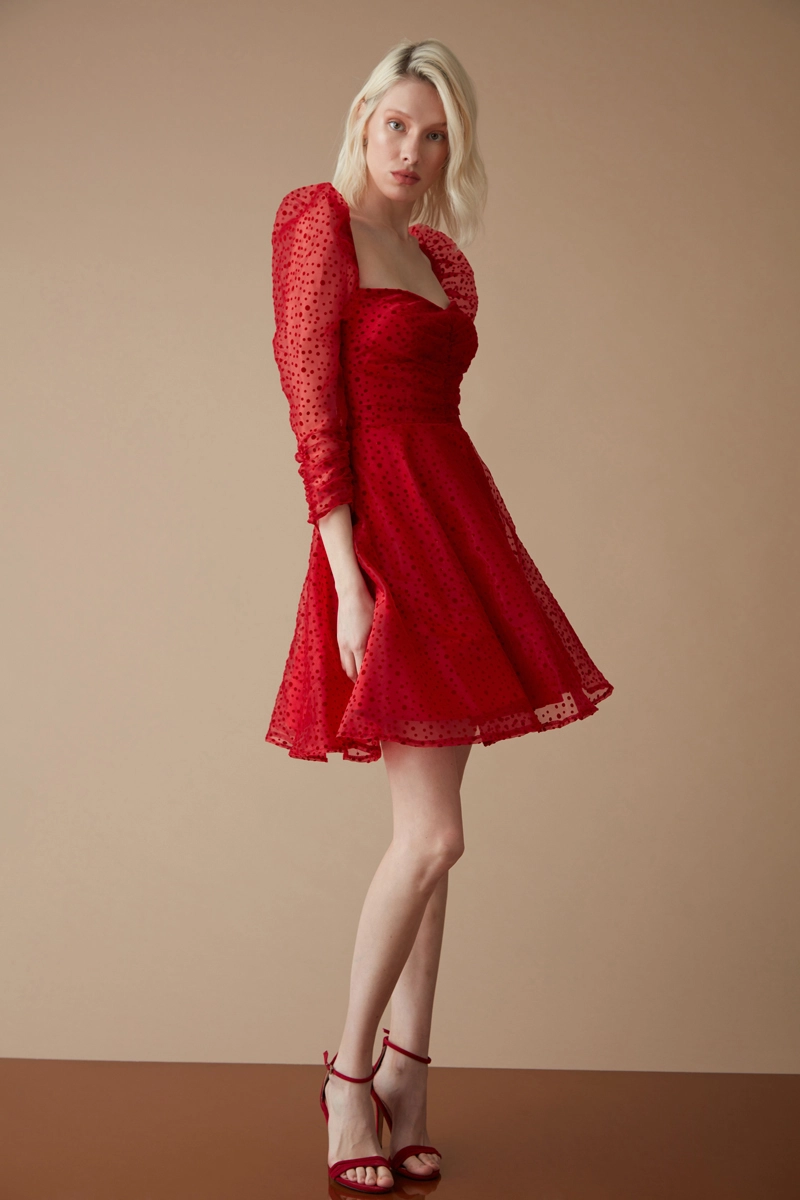 Red tulle long sleeve mini dress
