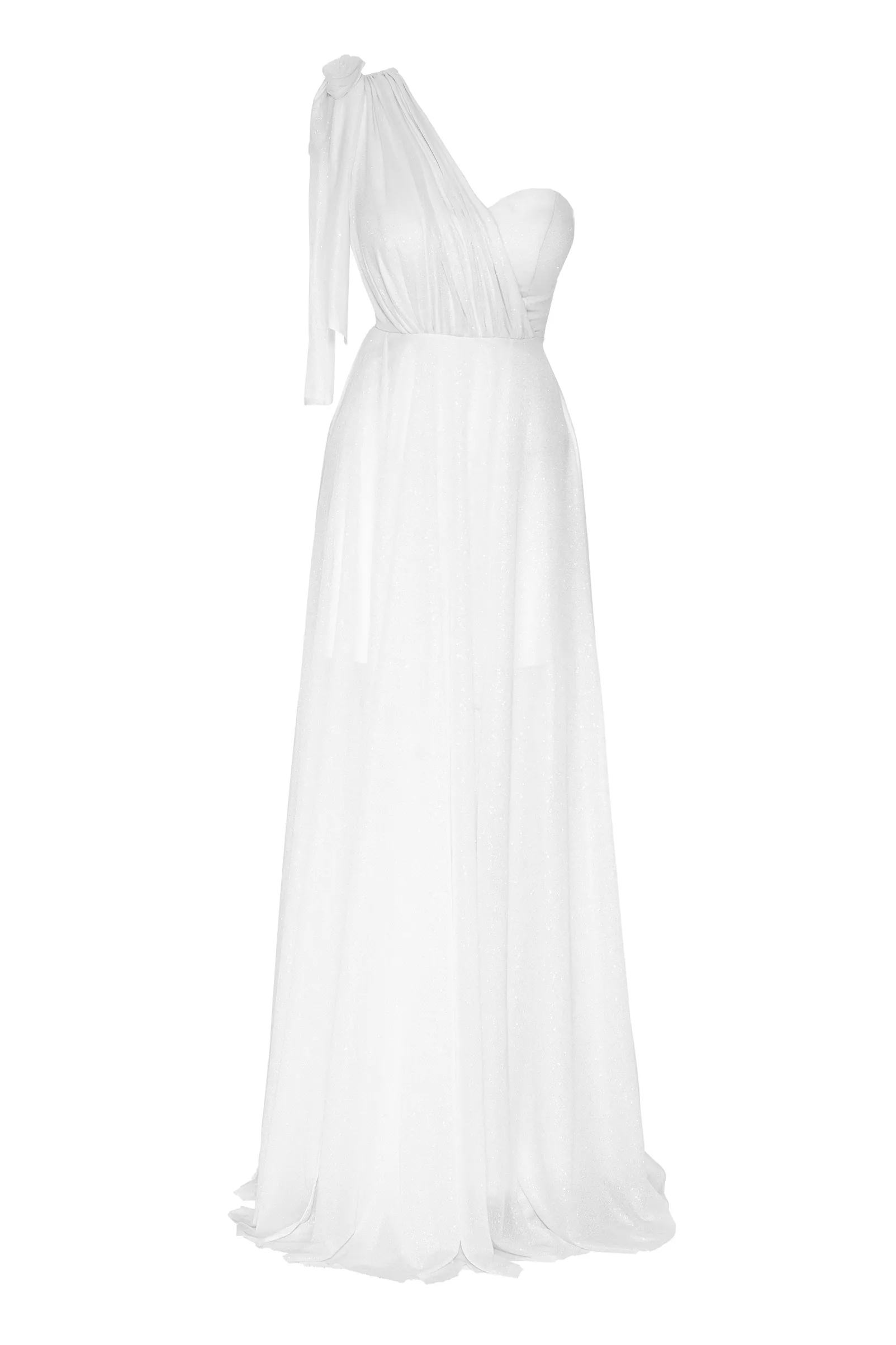 White tulle one arm maxi dress