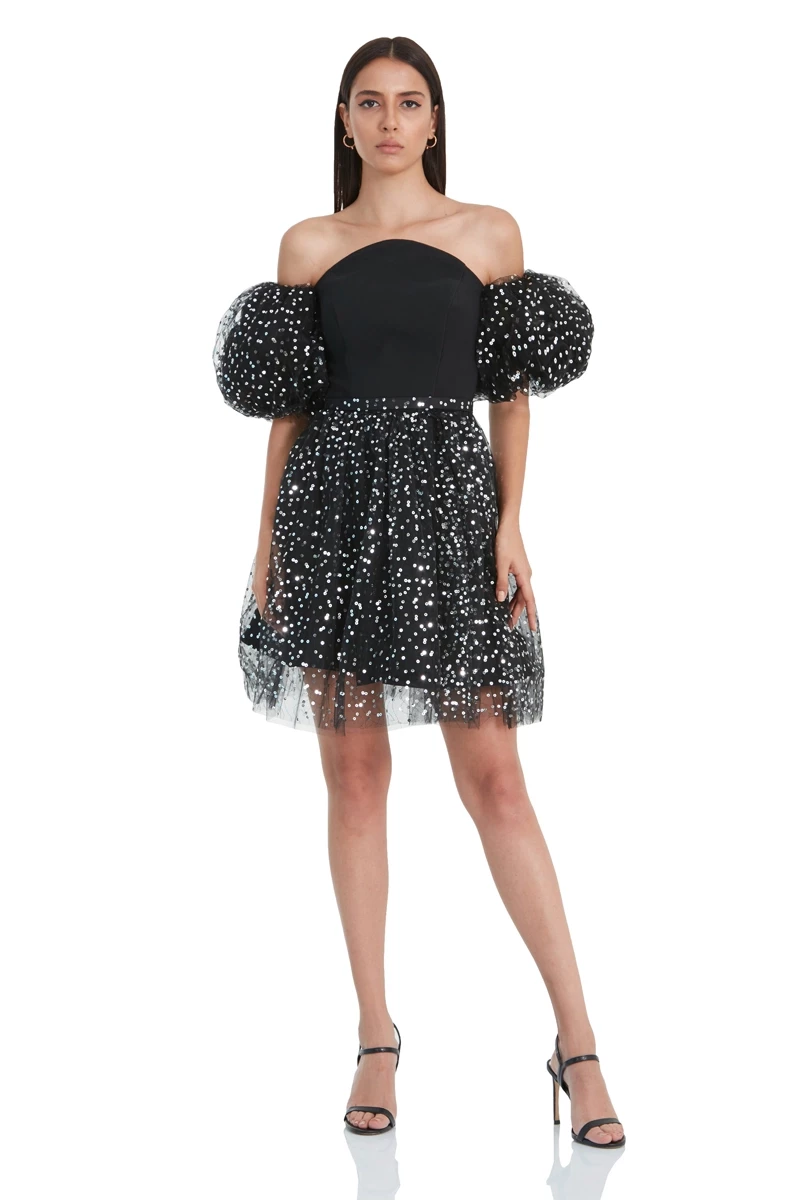 Black pul payetli krep short sleeve mini dress